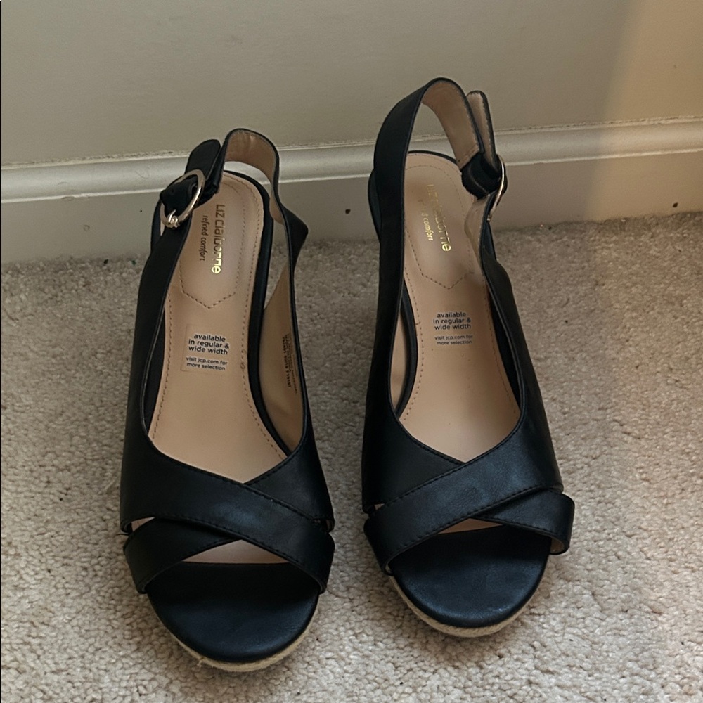 Liz Claiborne Vintage Refined Comfort Black Wedge Espadrilles Sandals Sz 9.5
